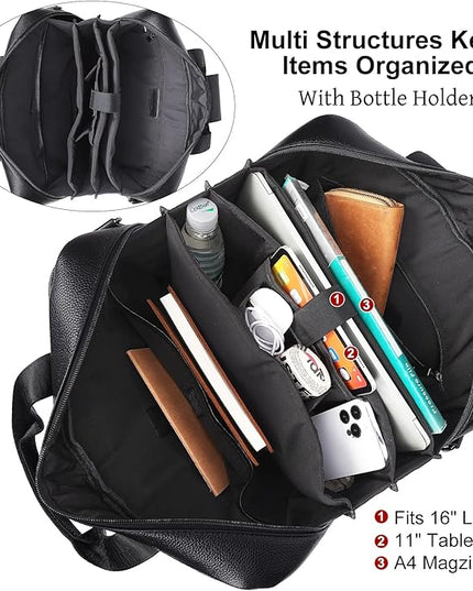 Masa Kawa Men’s Leather Briefcase for 16" Laptop Waterproof Crossbody Shoulder Messenger Bag Computer Attache Case for Business Travel Work, Black