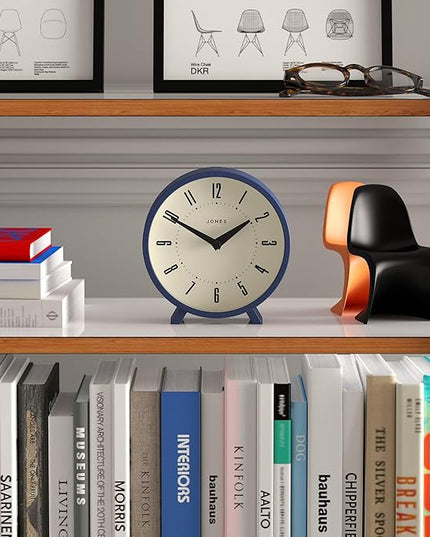 JONES CLOCKS® Venus Desk Clock | Modern Round Design | Blue | Stylish Retro Look for Shelf, Table, Mantel or Bedside
