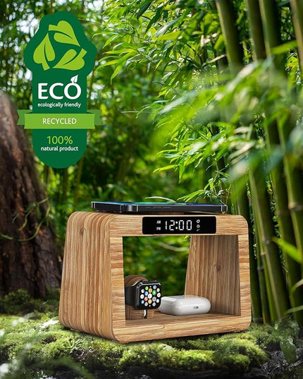 Bamboo Wireless Charging Station,Wireless Charger with Clock & Light,Fast Charger Stand Compatible with iPhone17/16/15/14/13/12/11 Pro Max/X/Xs/AirPods 4/3/AirPods Pro3/2/1, Apple Watch Series