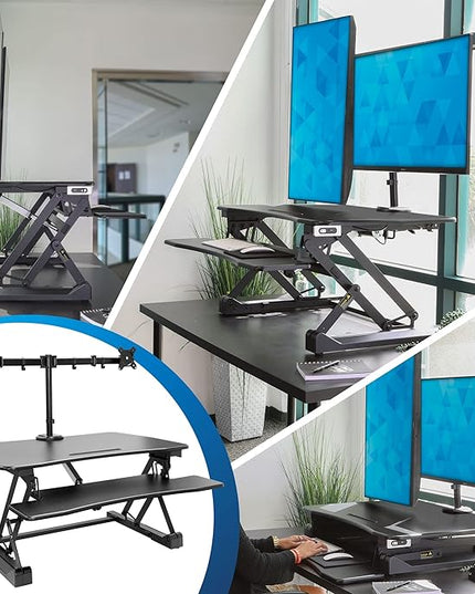 Mount-It! Electric Standing Desk Converter with Dual Monitor Arms for 2 Screens (Max 32"), Large 35.4" Wide Desktop, Motorized Stand Up Desk Riser, Keyboard Tray, USB, Black Stand up Desk Convertor