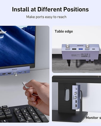 BENFEI 8-in-1 USB C Hub with Secure Clamp – Features 4K@60Hz HDMI, Gigabit Ethernet, 100W PD, 10Gbps 1x USB-C, 2 x USB-A 3.2, 2 x USB-A 2.0 Compatible with MacBook, iPad Pro, iMac, S23, XPS17