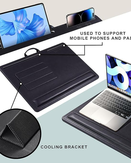 CENNBIE Leather Lap Desk with Memory Foam Cushion 24x16 Inches- Adjustable Portable Laptop Tray Fits 17 19 Inch Notebook - Built-in Wrist Rest Lightweight Computer Desk (Black)
