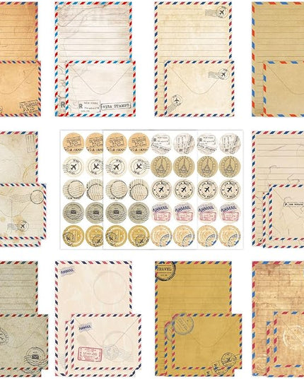 160 Pcs Stationery Paper Envelopes Set Includes 50 Lined Writing Paper & 50 Envelopes with 60 Colorful Round Dot Stickers, Cute Vintage Travel Letter Writing Stationery Paper Envelopes(10Style)