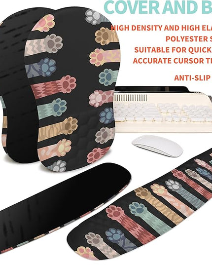 2-in-1 Ergonomic Set, Wave Rise Keyboard Wrist Rest and Massage Bulge Slope Mouse Pad Wrist Support, Cushion Memory Foam Integrated to Relieve Wrist Pain, Multicolour Cat Claws