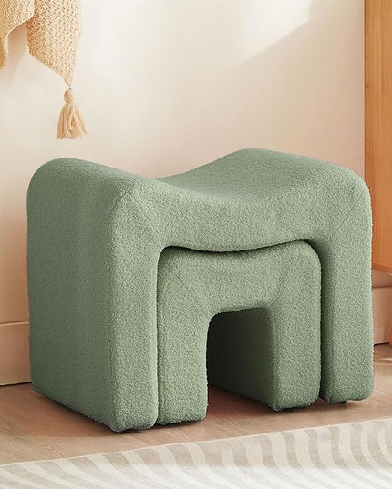 Ottoman Set of 2 Vanity Stool Chair Seating Backless Modern Foot Rest Teddy Velvet Small Footstool Ottoman for Makeup Room Living Room Bedroom Entryway,(2-in-1) Green