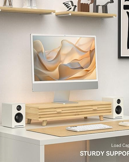 Bamboo Monitor Stand with Drawer - Desk Organizer with Cable Management & Storage, Ergonomic Laptop Riser for Home Office (220lbs Capacity, 24 inch ,Natural)