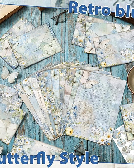 TaoBary 160 Pcs Stationery Paper Set 50 Double Sided Stationery Papers with 50 Matching Envelopes and 60 Round Dot Sticker, 10 Design (Serenity Junk,8.25 x 5.5 Inch)