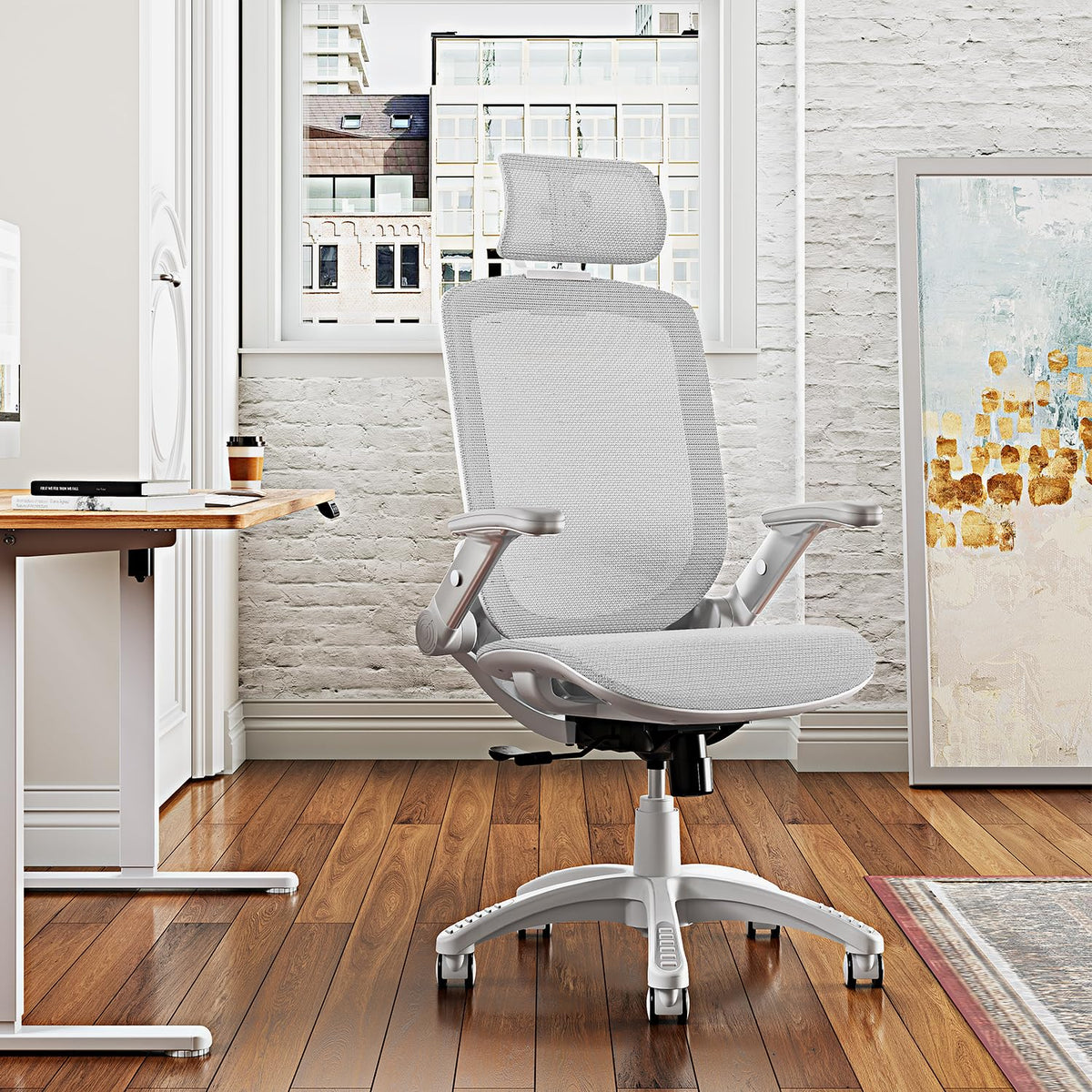GABRYLLY Ergonomic Office Chair, High Back Home Desk Chair with 2D Flip-Up Arms, 3D Headrest, 90-120° Tilt and Wide Cushion, Big and Tall Mesh Chairs for Man Woman, Computer Task Chair Light Grey