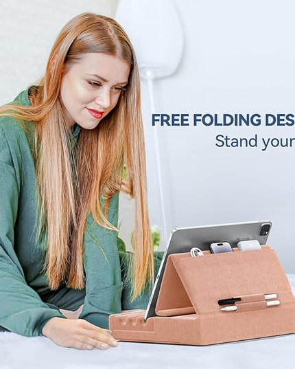 KDD Tablet Pillow Holder, Foldable iPad Stand for Lap, Bed and Desk -Tablet Soft Pad Dock with Pocket & Stylus Mount Compatible with iPad Pro 12.9, 10.5, 9.7 Air Mini 6 5 4 3, E-Reader