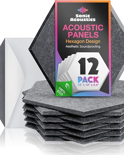 Sonic Acoustics Self-Adhesive 12 Pack Hexagon Acoustic Panels, 14" X 12" X 0.4" High Density Sound Absorbing Panels Sound Proof Insulation Beveled Edge Studio Treatment Tiles-Dark Grey
