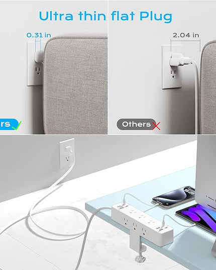 Flat Plug Desk Clamp Power Strip 10FT, 24W Total Charging Station, Desk Edge Mount Power Strip 9 AC Outlets 8 USB Ports Surge Protector, Fit 1.7" Tabletop Edge, Home Office Accessories, White
