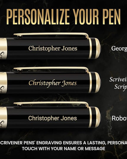 Scriveiner Personalized Black Fountain Pen - Stunning Luxury Pen, Jet Black Lacquer, Real Gold Plating, German Schmidt Nib (Medium), Best Engraved Gift Set for Men & Women, Name Engraving