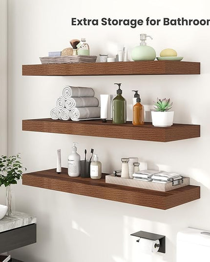 Heimlove 12 Inch Deep Floating Shelves, 16 x 12 inches Long Wall Shelf, Large Extra Display Shelf & Storage Shelf, Rustic Wood Wall Shelves for Fireplace Mantel, Walnut - 2Pack