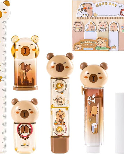 Kogcmeetl 7 Pcs Cute Capybara Stationary Set Kawaii School Supplies Japanese Stationery, Includes Pencil Sharpener, Eraser, Correction Tape, Glue Tape, Sticky Notes, Ruler, for Office School Supplies