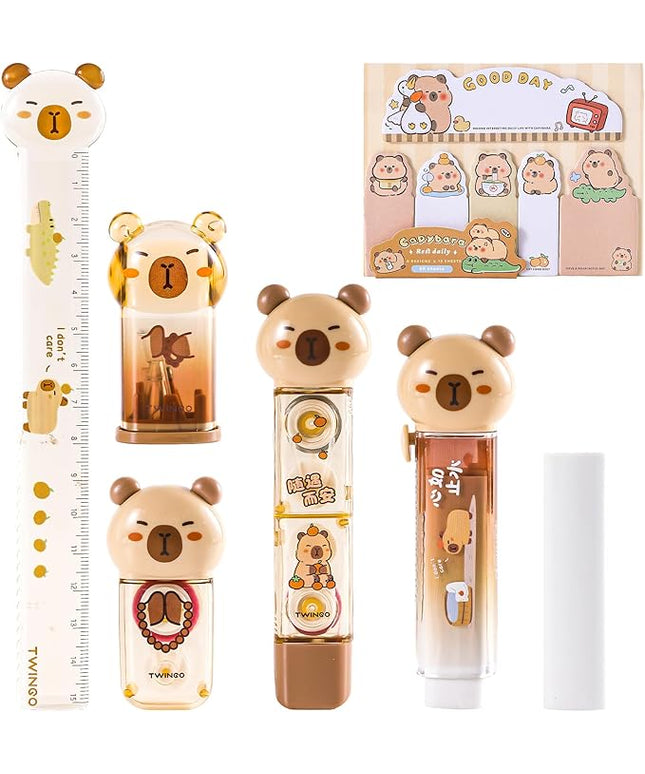 Kogcmeetl 7 Pcs Cute Capybara Stationary Set Kawaii School Supplies Japanese Stationery, Includes Pencil Sharpener, Eraser, Correction Tape, Glue Tape, Sticky Notes, Ruler, for Office School Supplies