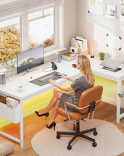 63 Inch L Shaped Desk with 0.95 Inch Thicker Desktop & Storage Bag, Computer Desk with Power Outlets & Lights, Reversible Desk for Home Office, Corner Desk, Study Room, Bedroom, White