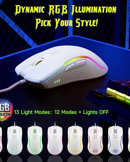 memzuoix Wired Gaming Mouse with RGB - 6 Adjustable DPI up to 12800, 6 Buttons, 12 Lighting Modes, Ergonomic Design with Anti-Slip Rubber Wheel, 5.6ft Braided Cable for PC/Mac/Windows - White