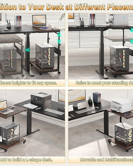 Computer Tower Stand with Power Strips, 4 Levels Manual Height Adjustable PC Tower Stand for Under Desk, Mobile Rolling CPU Holder, Computer Cart with Wheels, 24", Black Walnut