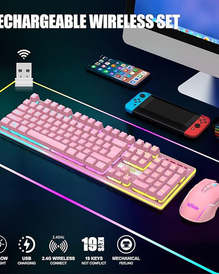 RedThunder K10 Wireless Gaming Keyboard and Mouse Combo, LED Backlit Rechargeable 3800mAh Battery, Mechanical Feel Anti-ghosting Keyboard + 7D 3200DPI Mice for PC Gamer (Pink)