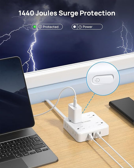 TROND 360° Rotating Plug Power Strip, 3FT Flat Extension Cord with Multiple Outlets 4 USB (2 USB C), Wall Mount Surge Protector 1440 Joules for Home Office Travel Dorm Room Essentials, White