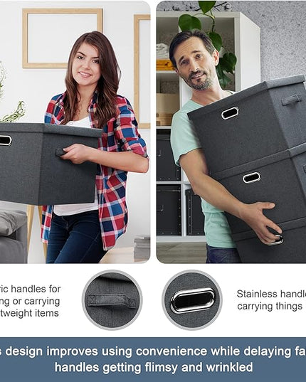 Medium 15" 21 Quart Collapsible Stackable Storage Bins with Lids, 3 Packs Dark Grey Foldable Fabric Closet Boxes Heavy-duty Linen Cube Baskets Container for Bedroom Office (15 x 11 x 8)
