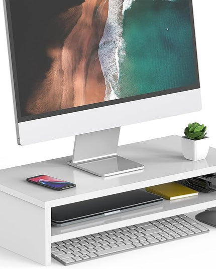 FITUEYES Monitor Stand - 2 Tier Computer Monitor Riser with 21.3 Inch Shelf, Wood Desktop Stand for Laptop Computer Screen, Desk Organization, Office Supplies
