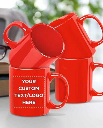 Custom Ceramic Coffee Mugs 11 oz. Set of 100, Personalized Bulk Pack - Coffee cup set, Iced coffee cup, Gaming mug - Red