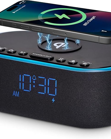 Wireless Charging Alarm Clock Radio: Qi Certified Fast Wireless Charger for iPhone Samsung - 10W Stereo Bluetooth Speaker - Dimmable Digital Clock with FM Radio for Bedroom Black