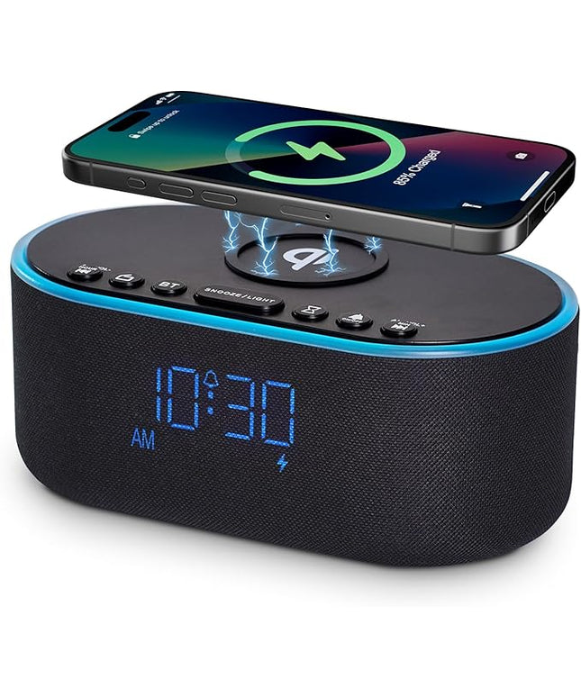 Wireless Charging Alarm Clock Radio: Qi Certified Fast Wireless Charger for iPhone Samsung - 10W Stereo Bluetooth Speaker - Dimmable Digital Clock with FM Radio for Bedroom Black