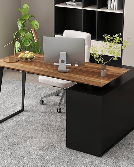 Homsee Home Office Computer Desk Corner Desk with 3 Drawers, 2 Shelves & 2 Doors, 55 Inch Large L-Shaped Study Writing Table with Storage Cabinet, Black & Brown (54.3”L x 40.9”W x 29.1”H)