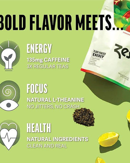 Zest Energy Green Tea - Pomegranate Mojito Loose Leaf Blend - High Caffeine Peppermint - Caffeinated Coffee Substitute - Natural, Non-GMO & Keto Friendly - Hot or Iced - 50 Servings - 135mg Caf