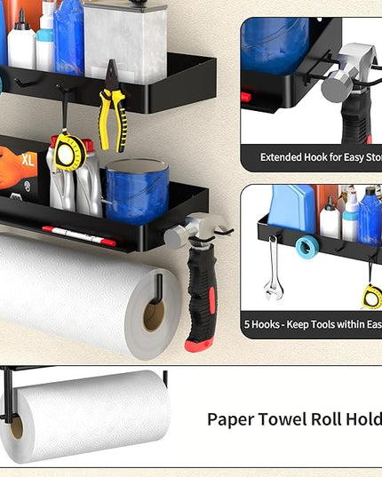 YIGII Heavy Duty Garage Paper Towel Holder with 2 Storage Shelves, Wall Mount Paper Towel Rack with Phone Holder & Hooks, Shop and Tool Room Organizer for Storage