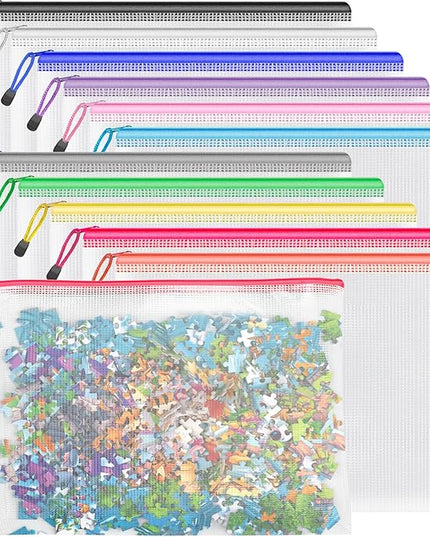 Umriox Mesh Zipper Pouch Puzzle Bags, 13.0x9.0 in (12 Colors, 12 Packs), Letter Size A4 Size Zipper Bags for Office Supplies Travel Accessories
