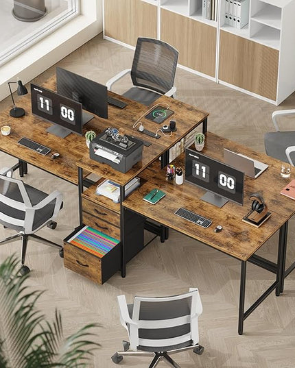 GYIIYUO 93'' Two Person Desk with Charging Station, Long Desk with 3 Fabric Drawers and Printer Shelf, Double Computer Desk, 2 Person Writing Study Table Workstation for Home Office, Rustic Brown