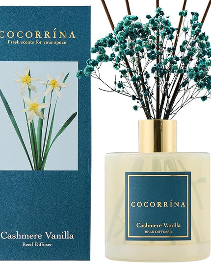 COCORRÍNA Reed Diffuser - Cashmere Vanilla 17 Fl.oz Reed Diffuser with 8 Sticks Scented Diffuser with Preserved Flowers for Bathroom Home Decor