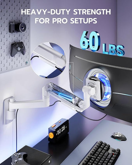 ARES WING Monitor Wall Mount for 24-57 Inch Ultrawide Gaming Screens, Premium Heavy Duty Monitor Arm Holds 60 lbs, Full Motion Gas Spring, Bearing Head for Easy Adjustment, 75/100 VESA Mount, White