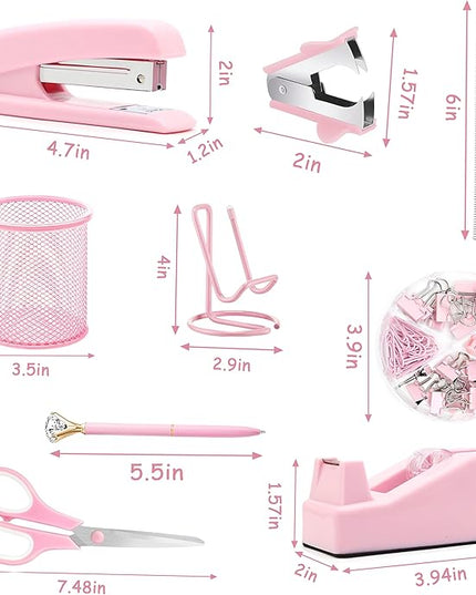 Pink Office Supplies, Pink Desk Accessories, Stapler, Staple Remover, Tape Holder, Pen Holder, Ballpoint Pen, Scissor, Binder Clips, 1000pcs Staples, Phone Holder, Ruler, Transparent Glue and Notes