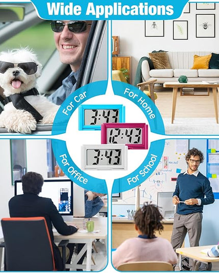 Frienda 3 Pieces Mini Digital Clock Small Digital Clock Stick on Battery Operated Self Adhesive Bracket for Car Dashboard Fridge (White,Blue,Red)