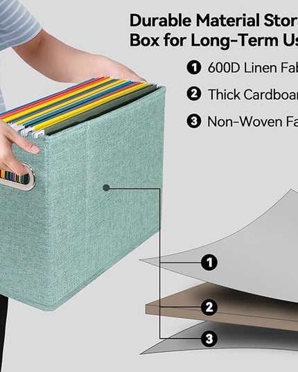 4 Packs Letter Size File Organizer, File Folders Organizer, Fabric Storage Box, Collapsible Paper Organizer with Metal Handle, Smooth PVC Rails, Only Box (Green)