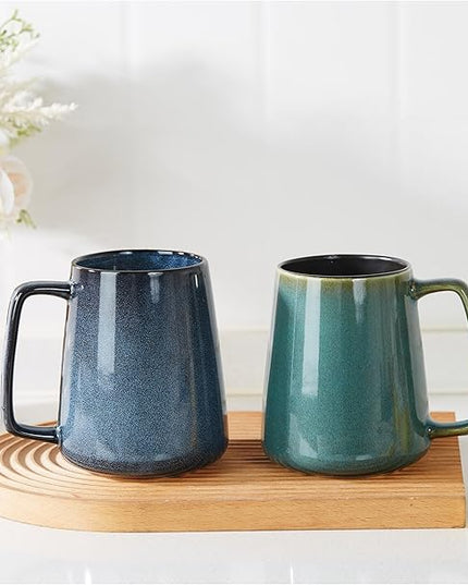 HYTYSKAR 24 OZ Extra Large Ceramic Coffee Mug, with Spoon and Wooden Lid, Big Tea Cups with a Large Handle for Office and Home, Microwave and Dishwasher Safe (24 oz Green Set)