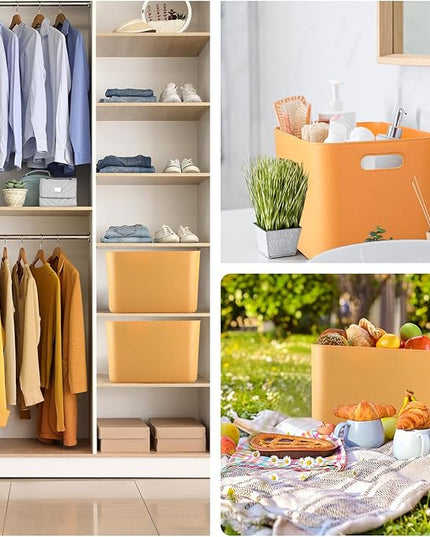 Hoolerry 8 Pieces Colorful Storage Bins with Lid, Plastic Storage Basket Organizing Container Stackable Box with Handle for Shelves Desktop Playroom Office(14.2 x 10.2 x 9.5 Inch,Yellow)