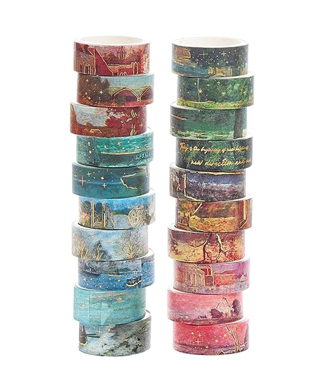 YUBX Landscape Washi Tape Set in Oil Painting Style 20 Rolls Scenery Drawing Masking Gold Foil Graphic Decorative Tapes for Arts, DIY Crafts, Journals, Planners, Scrapbook, Wrapping (Colourful)