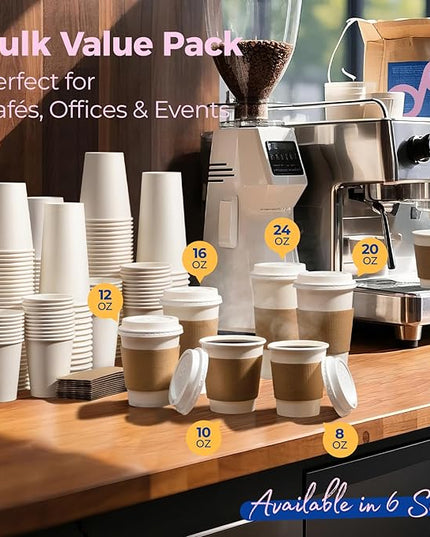 Fit Meal Prep 50 Pack 12 oz Disposable Coffee Cups with Lids, Sleeves, Leak-Proof To Go Coffee Cups with Lids, Durable Hot Paper Cups for Home, Office, Party, Business