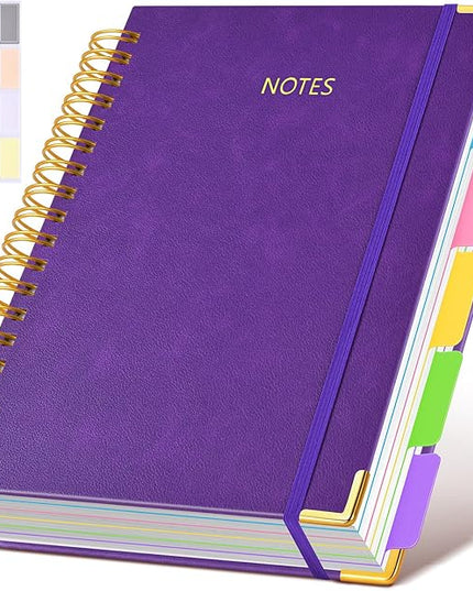 Hardcover Spiral Notebook Journal with Removable Dividers Tabs, 300 Pages Leather 5 Subject Notebook College Ruled, 8"x10" Large Notebooks for Work School Note Taking, Journal for Women, Dark Purple