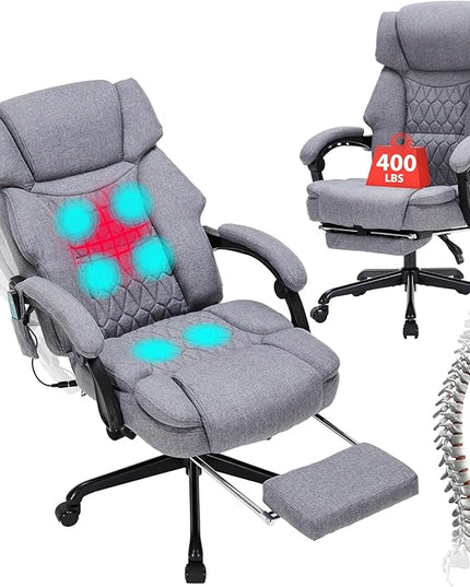 Massage Office Chair with Heat,Reclining Office Chair with Foot Rest,6 Points Vibration Home Desk Chairs for Heavy People 400lbs,Ergonomic Managerial Executive Chair (Grey)