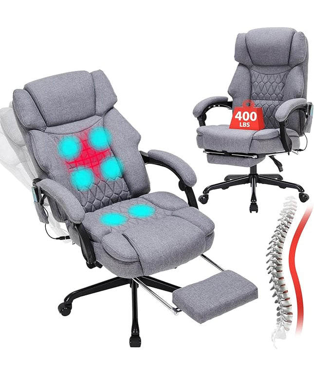 Massage Office Chair with Heat,Reclining Office Chair with Foot Rest,6 Points Vibration Home Desk Chairs for Heavy People 400lbs,Ergonomic Managerial Executive Chair (Grey)