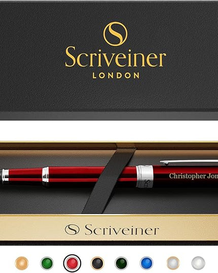Scriveiner Personalized Deep Crimson Red Pen - Stunning Red Lacquer Luxury Pen with Chrome FinishGerman Schmidt Nib (Medium), Best Engraved Fountain Pen Gift Set for Men & Women, Name Engraving