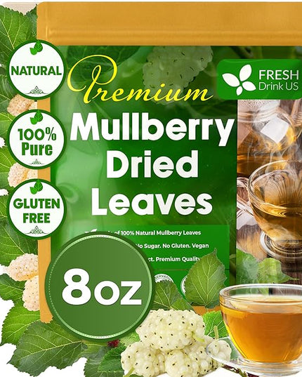 FreshDrinkUS, Permium 8oz Mulberry Leaves, 100% Natural & Pure from Mulberry Leaves, Loose Leaf Herbal Tea, No Additives, No Caffeine, Vegan