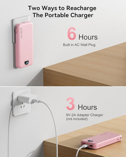 12000mAh Ultra-Portable-Charger-Power-Bank with Built in Cables&AC Wall Plug,PD20W USB-C Fast Charging Cell Phone Charger Battery Pack,LED Display Travel Battery Bank for All iPhone,Samsung,Android