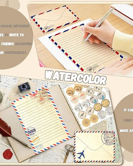 TaoBary 160 Pcs Stationery Paper Set 50 Double Sided Stationery Papers with 50 Matching Envelopes and 60 Round Dot Sticker, 10 Design(Vintage Travel,8.5 x 11 Inch)
